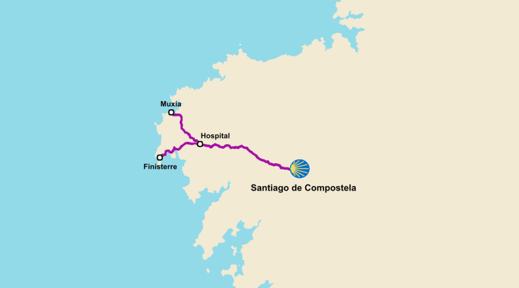 Kartta, jossa näkyy Camino Finisterre pyhiinvaellusreitti ja sen varrella olevat tärkeimmät kaupungit.