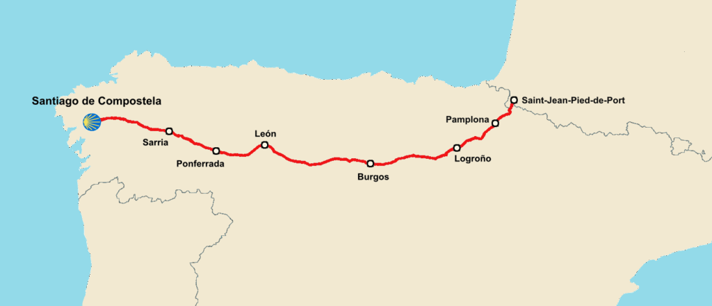 Kartta, jossa Camino Frances reitti ja sen varrella olevat kaupungit.