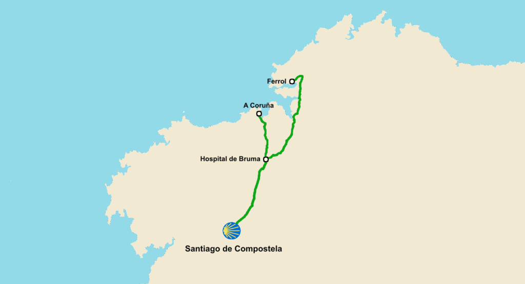 Kartta, jossa näkyy Camino Ingles pyhiinvaellusreitti ja sen varrella olevat tärkeimmät kaupungit.