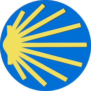 Camino de Santiago pyhiinvaelluksen keltainen simpukkasymboli sinisellä pohjalla.