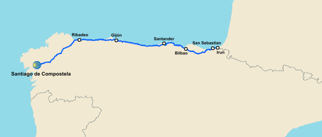 Kartta Camino Norte pyhiinvaellusreitistä ja sen varrella olevista kaupungeista.
