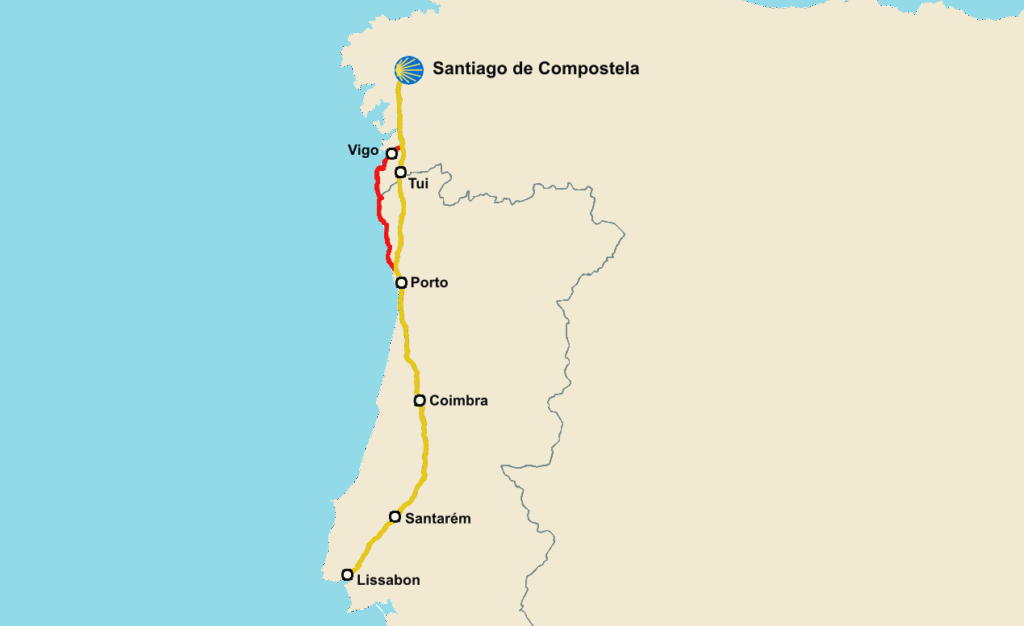 Kartta, jossa näkyy Camino Portugues reitti ja sen varrella olevat tärkeimmät kaupungit.