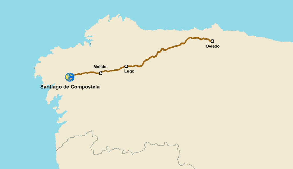 Kartta Camino Primitivo pyhiinvaellusreitistä ja sen varrella olevista tärkeimmistä kaupungeista.