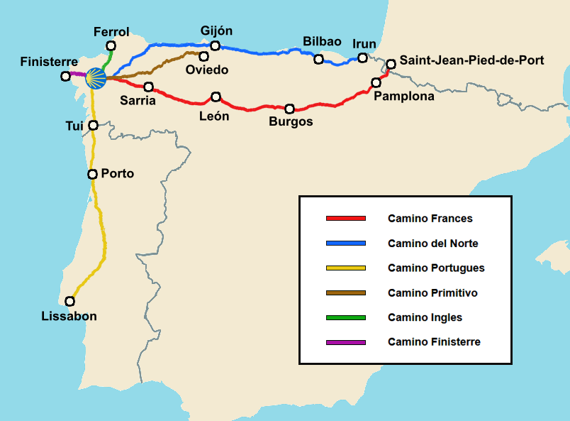 Kartta, jossa näkyy Camino de Santiago pyhiinvaelluksen suosituimmat reitit ja suurimmat kaupungit.